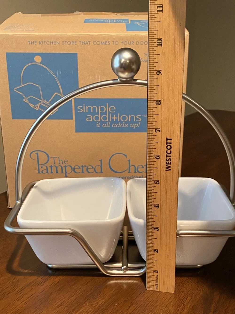NIB- The Pampered Chef White Ceramic Double Serving Dishes w/ Silver Metal Stand